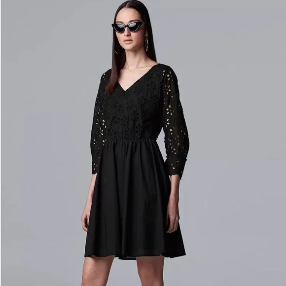 Simply Vera Vera Wang | Dresses | Simply Vera Vera Wang Little Black Eyelet Lace  Fit Flare Casual Cotton Dress S | Poshmark